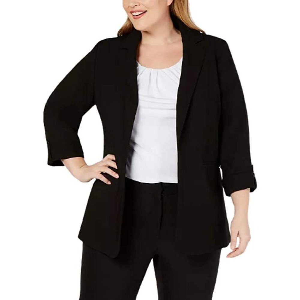 Calvin Klein Womens Plus Open Front Roll Tab Sleeves Topper Jacket Black…